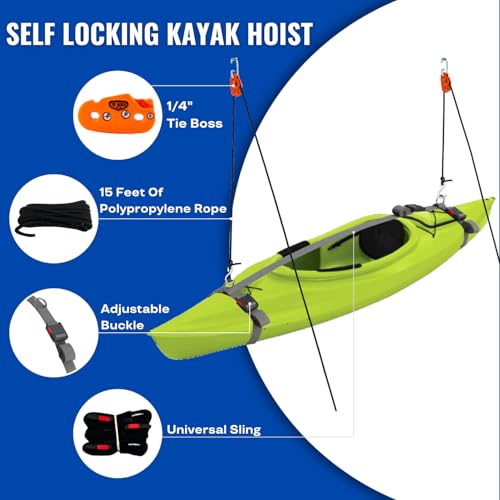Tie Boss Kayak Hanger, Cargo Ceiling Storage, Overhead Storage, Watercraft Garage Storage, Hoist System.