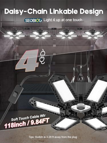 SEOBIOG 2 Pack Plug in Garage Light, Upgraded 200W 20000LM Linkable LED Shop Light, 6500K Ceiling Lights w/ 6 Deformable Panels for Garage, Warehouse, Barn, Basement (Built-in ON/Off Switch)