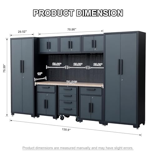 Tsnritor Garage Storage Cabinet System, 9PCS Tool Chest Workbench Storage System in Black, Included Steel Cabinets Drawers Rolling Chest and Pegboard,Locked Garage Storage Cabinet,Grey Handle