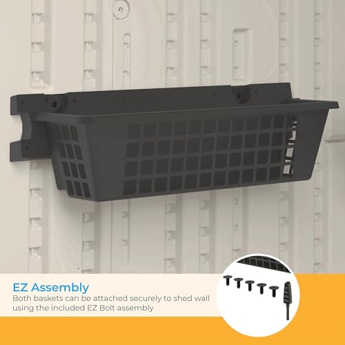 Suncast 2 Pack 25” x 7.25” Basket Accessory for Outdoor Shed Bundled with Vertical Shed 2 Shelf Kit, Space Saving Wall Mount Storage, Black