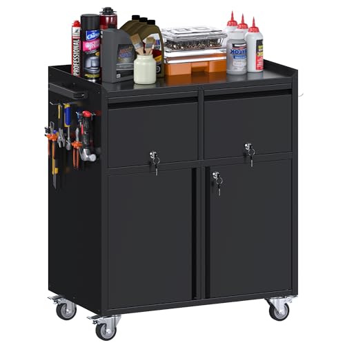 Aobabo Rolling Metal Storage Cabinet with Wheels, Heavy Duty Steel Garage Tool Cabinet with 2 Drawers, Pegboard & 4 Hooks, Lockable Mobile Organizer with Adjustable Shelves, Black, Assembly Required