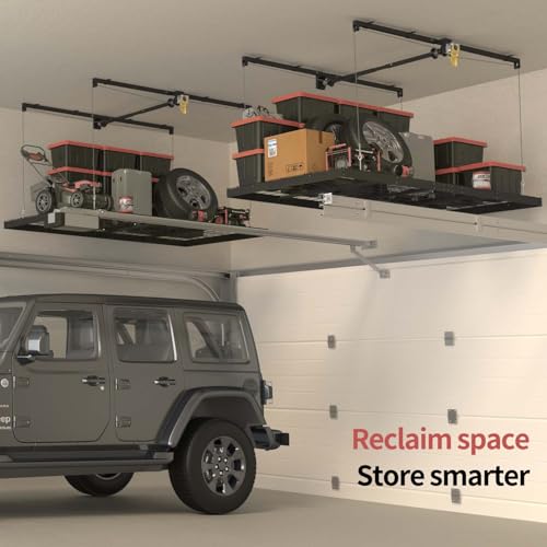 FERO Overhead Garage Storage Rack, 325 lb Capacity, 4x8 FT Garage Ceiling Storage Rack with Safety Lock (Black)