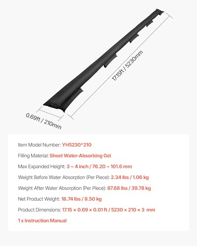 VEVOR Flood Barrier, 8 Pack, 17 x 0.7 ft Flood Bags Activated by Water, Water Absorbent Barrier, Sandless Sandbags Blockage, Flooding Prevention Bags for Home, Doorway, Basement, Garage