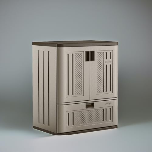 Suncast Base Storage Cabinet with Drawer for Garage Organization - Lockable Single-Drawer Organizer with Shelf for Garden Supplies, Paint Cans & Outdoor Tools, Multi-Wall Resin Construction, Platinum