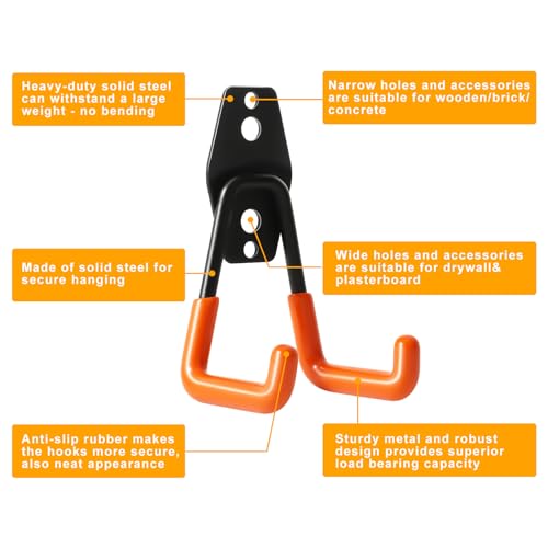 KURUI Heavy Duty Wall Hook for Hanging, 2 Pack Garage Tool Organizer Wall Mount, Metal Garage Storage Hooks for Ladder,Extension,Garden Tool, Small Utility Hook, Hose Holder for Outdoor and Indoors