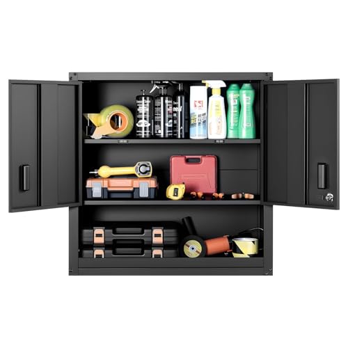 VEVOR Metal Wall Cabinet, 30W x 12.01D x 30H Inch, Steel Floating Hanging Storage Cabinet with Locking Doors and Adjustable Shelf for Garage, Basement, Kitchen, Warehouse Assembly Required, Black
