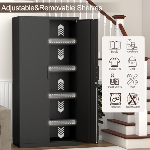 GREATMEET Metal Garage Storage Cabinets, 72" H Locking Garage Cabinets with 2 Doors and 4 Shelves, Utility Cabinet for Office, Garage, Home, Gym, School, Black