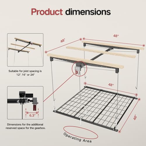 Overhead Garage Storage Rack for 12–14 FT Ceiling, Heavy-duty 4x4 FT Ceiling Storage Racks with Safety Lock, Ideal for Garage Storage Mounted Lift System and Storage Organizer, 250lbs Capacity