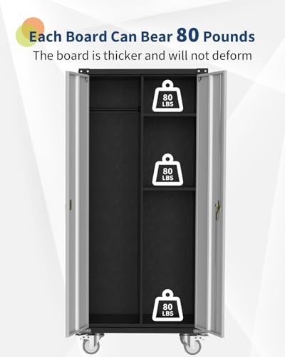 GarveeHome Metal Locker Storage Cabinet with Wheels 71" H with Doors and 2 Shelves Adjustable 4 Adjustable Feet for Home, Garage, Office, Shop