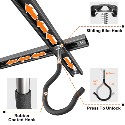 TORACK Ceiling Bike Rack for Garage, Ceiling-Mounted Bicycle Storage Hooks for 4 Bikes (Horizontal) or 8 Bikes (Vertical), Adjustable Overhead Bicycle Hooks for Mountain, Road, and Kids' Bike