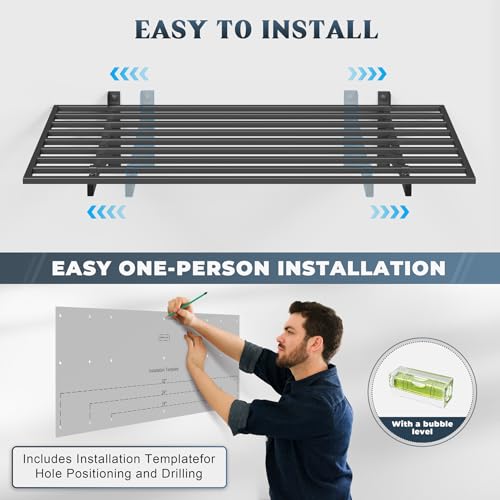 Jusgym 2-Pack 2x4ft Garage Shelving Wall Mounted, Heavy Duty Garage Wall Shelving with Hooks, 500 lbs Capacity Industrial Storage Shelves for Garage Organization