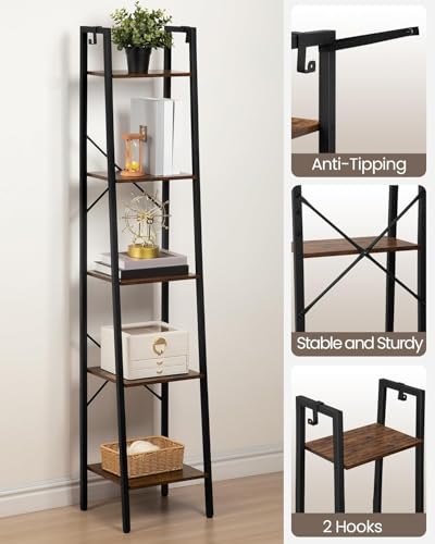 Hzuaneri Ladder Shelf, Bookshelf Bookcase, Freestanding Corner Storage Shelve with 2 Hooks for Home Office, Living Room, Kitchen, Bedroom, Industrial, 11.8" D x 13.4" W x 63" H, Rustic Brown BC03201B