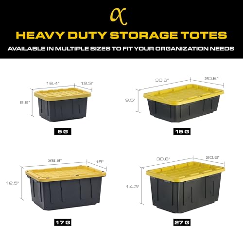 CX Black & Yellow 27-Gallon Heavy Duty Stackable Storage Bins with Lids, Dorm Room Essentials, Moving Boxes, Back to School, Classroom Organization, Home Organization, 4 Pack (14.3"H x 20.6"W x 30.6"D)