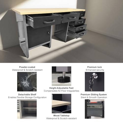 JZD Metal Workshop Durable Cabinet Combo Set, Wooden Top Workbench Set Garage Storage Organizer System