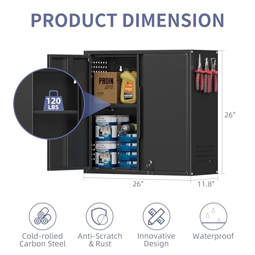 Garage Wall Cabinet, Metal Garage Cabinets with 2 Doors and Adjustable Shelf, Lockable Floating Tool Cabinet with Pegboard, Black Steel Wall Mounted Tool Cabinets for Kitchen,Office,Laundry,Warehouse