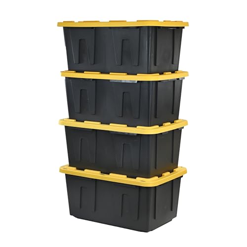 CX Black & Yellow 27-Gallon Heavy Duty Stackable Storage Bins with Lids, Dorm Room Essentials, Moving Boxes, Back to School, Classroom Organization, Home Organization, 4 Pack (14.3"H x 20.6"W x 30.6"D)
