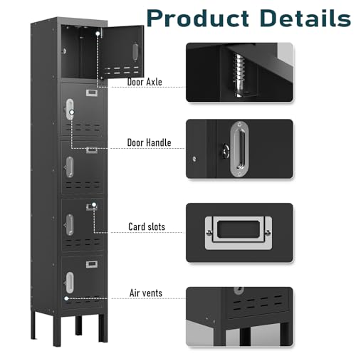BUTISOW Metal Lockers - 66" Height Steel Lockers for Employees with 5 Door Storage Locker with Card Slot for Employees Gym School Home Office Garage - Assembly Required