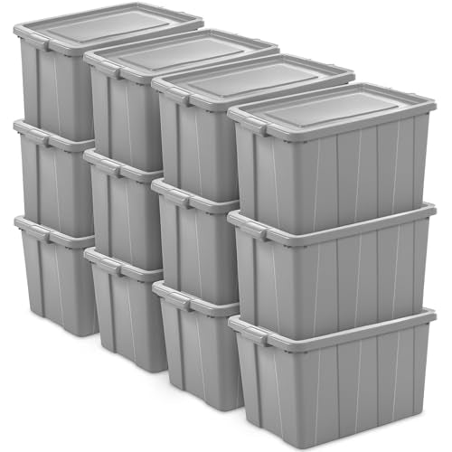 Sterilite Tuff1 30 Gallon Plastic Stackable Temperature and Impact Resilient Basement/Garage/Attic Storage Tote Container Bin with Lid, Gray (16 Pack)