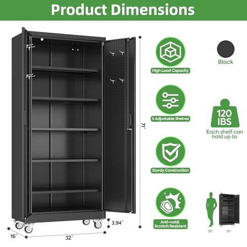 GangMei Garage Storage Cabinet with Wheels and Pegboard, 71" H x 32" W x 16" D Lockable Metal Storage Cabinet with 5 Adjustable Shelves and 2 Doors for Garage Home, Assembly Required, Black