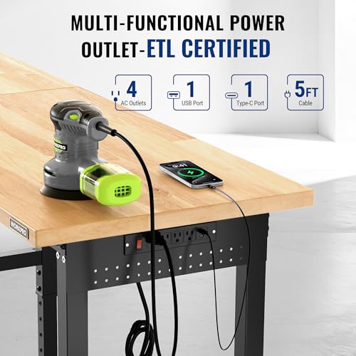 WORKPRO 96x24" Heavy-Duty Adjustable Workbench, 4000LBS Load Capacity Work Table with Power Outlet & Pegboard, Rubber Wood Top Workstation with Leveling Foot for Garage, Workshop