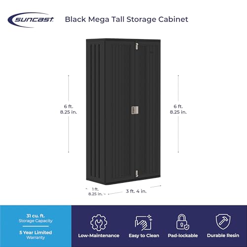 Suncast Mega Tall Storage Cabinet for Garage Organization - 31 Cu. Ft. Lockable Utility Closet with 3 Adjustable Shelves for Garden Supplies & Outdoor Tools, Multi-Wall Resin Construction, Black