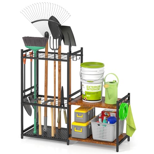 DAOUTIME Garage Tool Organizer with 2-tier Wooden Shelves, Yard Tool Organizer for Garage with 6 Hooks, Heavy duty Steel Garden Tool Rack Holds up to 35 Long Handled Yard tools for Storage, Black