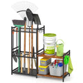 DAOUTIME Garage Tool Organizer with 2-tier Wooden Shelves, Yard Tool Organizer for Garage with 6 Hooks, Heavy duty Steel Garden Tool Rack Holds up to 35 Long Handled Yard tools for Storage, Black