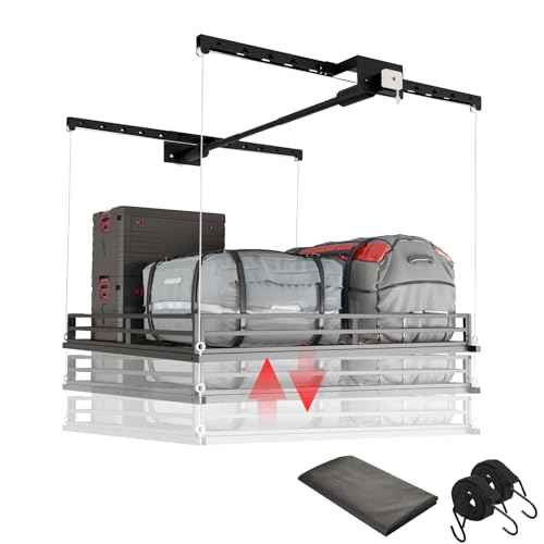LoJok Garage Ceiling Storage Lift, Manual Overhead Hoist Rack with 5" Safety Railing, 4x4 Ft Heavy Duty Metal Platform, 300 lbs Capacity, Includes Dust Cover & Straps, Black (Triangular Style)