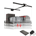LoJok Garage Ceiling Storage Lift, Manual Overhead Hoist Rack with 5" Safety Railing, 4x4 Ft Heavy Duty Metal Platform, 300 lbs Capacity, Includes Dust Cover & Straps, Black (Triangular Style)