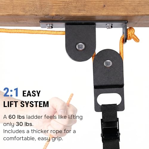 RoakyRoasy Ladder Hoist for Garage Ceiling with Metal Pulley System Holds 150 lbs, 5.5" Low-profile Self Locking Storage Lift, Parallel or Perpendicular Mounted