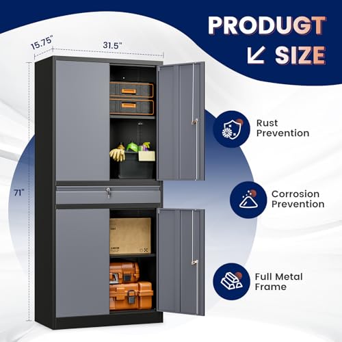 Yizosh Metal Garage Storage Cabinet with Locking Doors and Adjustable Shelves, 71" Steel Tool Storage Cabinet with 1 Drawer for Garage,Office,Warehouse (Gray Black)