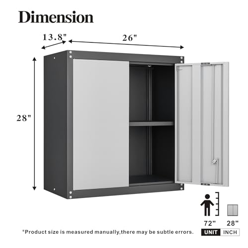 GREATMEET Lockable Storage Cabinet, Metal Garage Storage Cabinets, Metal Wall Cabinet for Garage, Wall Mount Cabinet with Lock and Adjustable Shelf, Floating, Black&Grey