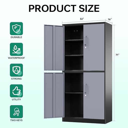 Letaya Metal Storage Cabinets with Lock Door and Shelves, Steel Garage Tool Cabinets for Home,Office, Warehouse,Lockers(71"-Black Gray)