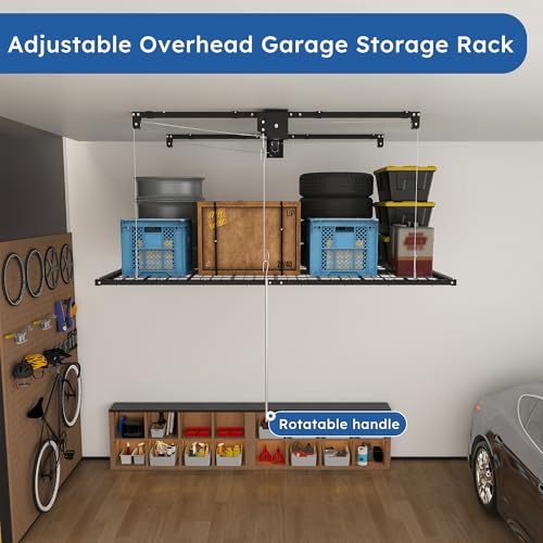 Montary 5x9 FT Overhead Garage Storage Rack for 10-12 FT Ceiling, Adjustable Ceiling Lifting Storage Rack with Safety Lock, 400LBS Capacity All-Steel Construction Heavy-Duty Garage Organizer Rack