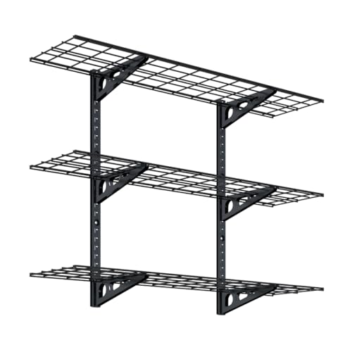 FLEXIMOUNTS 2x8 Overhead Garage Storage Rack, plus 3-Tier 1x4ft Wall Mounted Adjustable Shelving Unit, 450lbs+450lbs Capacity, Heavy-Duty Garage Organizer, Black