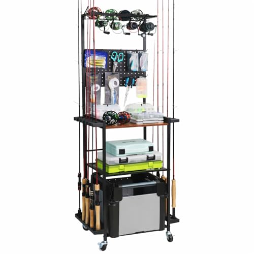 Aventik Fishing Rod Holders For Garage, 3-Tier Fishing Rod Rack Store 12 Rods& 8 Reels, Heavy Duty Pegboard Freestanding Rod Rack
