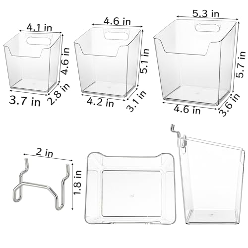 Coloch 6 Pack Clear Pegboard Cups with Hooks, Plastic Peg Board Bins Pegboard Organizer Accessories Wide Mouth Storage Box for Garage, Workbench, Craft Room, Office Organization, 3 Sizes