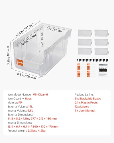 VEVOR Plastic Stackable Storage Bins, 14.8 x 8.5 x 7.1 inch (6 Pack), Plastic Containers for Organizing & Storage Bins for Closet, Garage, Small Parts, Office Supplies, Other Accessories, Transparent