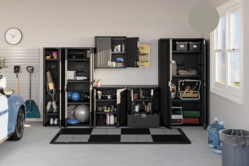 Suncast Mega Tall Storage Cabinet for Garage Organization - 31 Cu. Ft. Lockable Utility Closet with 3 Adjustable Shelves for Garden Supplies & Outdoor Tools, Multi-Wall Resin Construction, Black