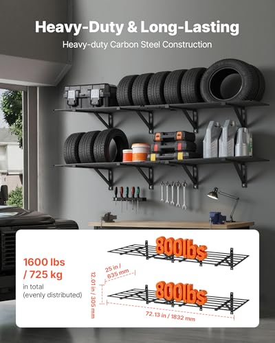 VEVOR 2-Pack Heavy Duty Garage Wall Shelving, 2 x 6 ft Steel Wall Mounted Shelving Unit, 24 x 72 Inch Per Shelf Floating Storage Metal Rack for Garage, 1600 lbs Total Weight Capacity