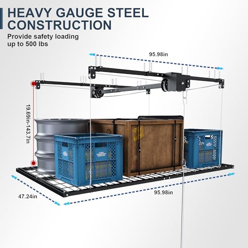4x8 FT Overhead Garage Storage Rack for High Ceilings 10-12 FT, 350Lbs Heavy-duty Steel Garage Ceiling Rack with Safety Lock, Ideal for Overhead Storage Mounted Lift System and Garage Organizer