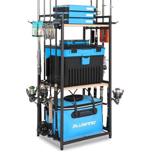 PLUSINNO 3 Tier Fishing Rod Holder, Fishing Pole Holders for Garage, Fishing Rod Rack Fishing Rod Storage Up to 8 Rods, Fishing Gear Tackle Box Fishing Equipment Organizers, Fishing Gifts for Men