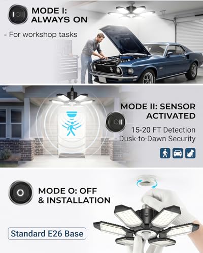 BRAINIAC Motion Sensor Garage Light with 3 Switch Modes, E26/E27 Screw in Garage Lights Ceiling LED Motion Activated for Garage/Shop/Porch-150W 15000LM 6000K
