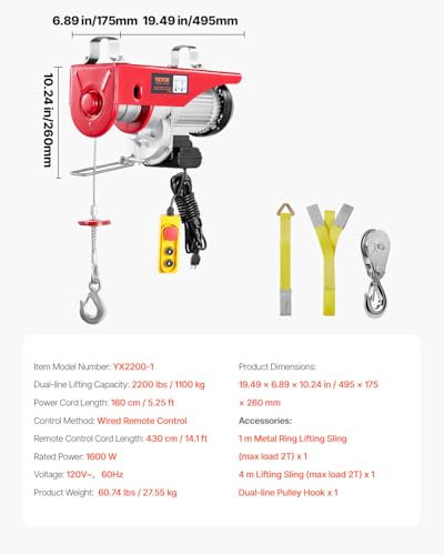 VEVOR 2200lbs Electric Hoist w/14ft Wired Remote Control, 110v Electric Hoist with 40ft Single Cable Lifting Height, for Garage Warehouse Factory Control for Garage, Shop, Hotel, Home