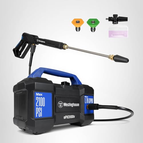 Westinghouse ePX3100v Electric Pressure Washer, 2100 Max PSI 1.76 Max GPM, Built-in Carry Handle, Detachable Foam Cannon, Pro-Style Steel Wand, 3-Nozzle Set, for Cars/Fences/Driveways/Home/Patios