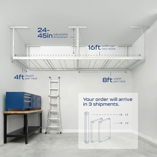 2-Pack 4 x 8 MonsterRax Overhead Garage Storage Rack, Ceiling Racks for Garage, Organization Shelving, Adjustable Hanging Shelf, White, 24"-45" Height Adjustment,