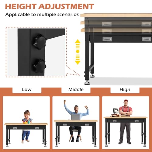 48” Adjustable Workbench with Drawer Storage, 2000 LBS Load Capacity Heavy Duty Workstation with Power Outlets, Rubber Wood Top Worktable for Garage, Office,Workshop, Commercial