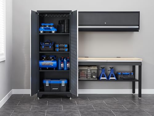 NewAge Products Bold Series Gray All-in-one 4pc Set, 30 in. Locker, Wall Cabinet, 60 in RTA Workbench with Bamboo Worktop, 24-Gauge Heavy Duty Steel Garage Storage Cabinets, 73501