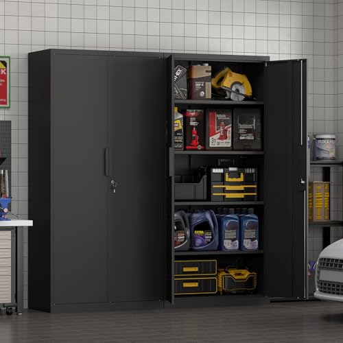 FATIGOS 72''H Tall Metal Garage Storage Cabinet with Lock, 18'' Deep Metal Storage Cabinets with Doors and 4 Adjustable Shelves, Heavy Duty Steel Locker for Laundry Room, Warehouse, Home Office, Black