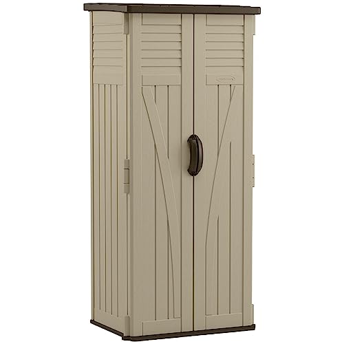 Suncast Vertical Shed, Compact Outdoor Storage System, 22 Cu. Ft. Capacity, Sand & Mustang - Lockable Multi-Wall Resin Organizer for Long-Handle Tools, Garden Supplies and Yard Equipment